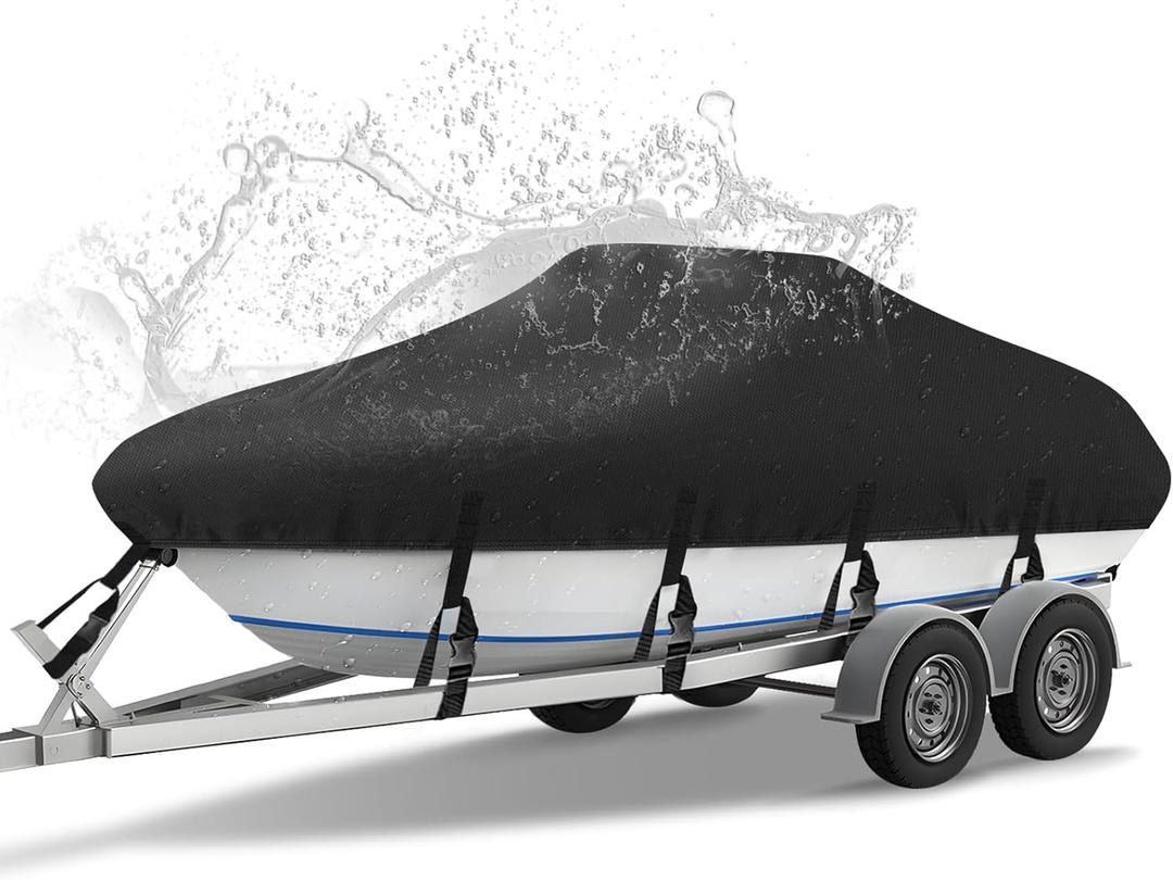 NEVERLAND Trailerable Boat Cover Waterproof Heavy Duty Marine Grade Polyester Canvas Fits V Shape/V-Hull and Tri-Hull Runabouts, Pro-STYL, Bass Boats (Boat Length 16-18.5ft, Beam Width up to 94") (Black)