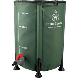 Pure Garden Rain Barrel - 13.2-Gallon/50-Liter Collapsible Water Container for Catching Rainwater - Portable Water Tank with Outflow Valve (Green)