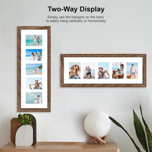 Hongkee 8x24 Picture Frame 1 Pack, Rustic Brown Wood Frame with Tempered Glass, Display Pictures Multiple Five 4x6 With Mat or 8 x 24 Without Mat - Horizontal or Vertical Wall Mounting, 8x24 in matted to 5-4x6