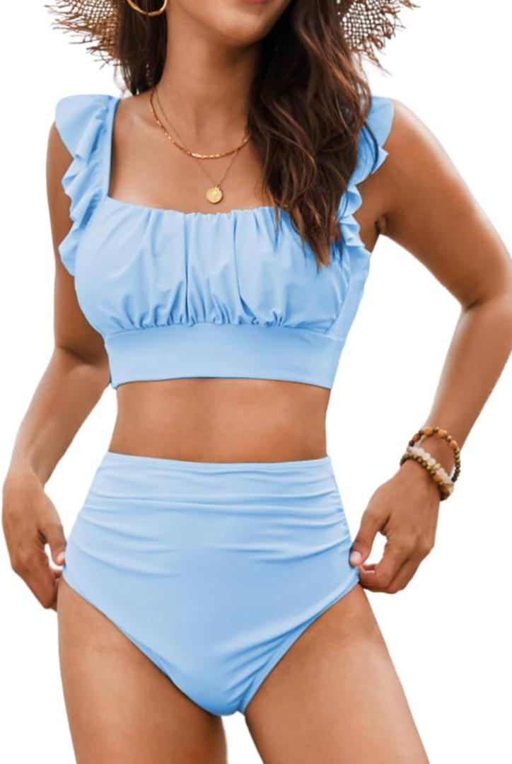 EHSUYAB Women 2 Piece High Waisted Bikini Set, Floral Ruffle Tummy Control Swimsuit, Ruched Modest Full Coverage Bathing Suit (X-Large, Air Blue)