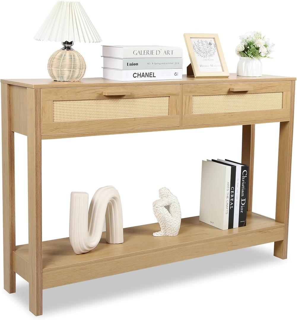 Console Table with Rattan Drawers, Boho Rattan Entryway Table with Storage, Wood Small Console Tables for Entryway, Entry Table for Hallway, Sofa Table