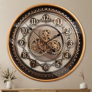 24 Inch Wall Clock with Moving Gears Large Industrial Steampunk Metal Clock Antique Gold Oversized Farmhouse Decor Wall Clock for Living Room Home Office(Bronze Brown-Arabic Numerals)
