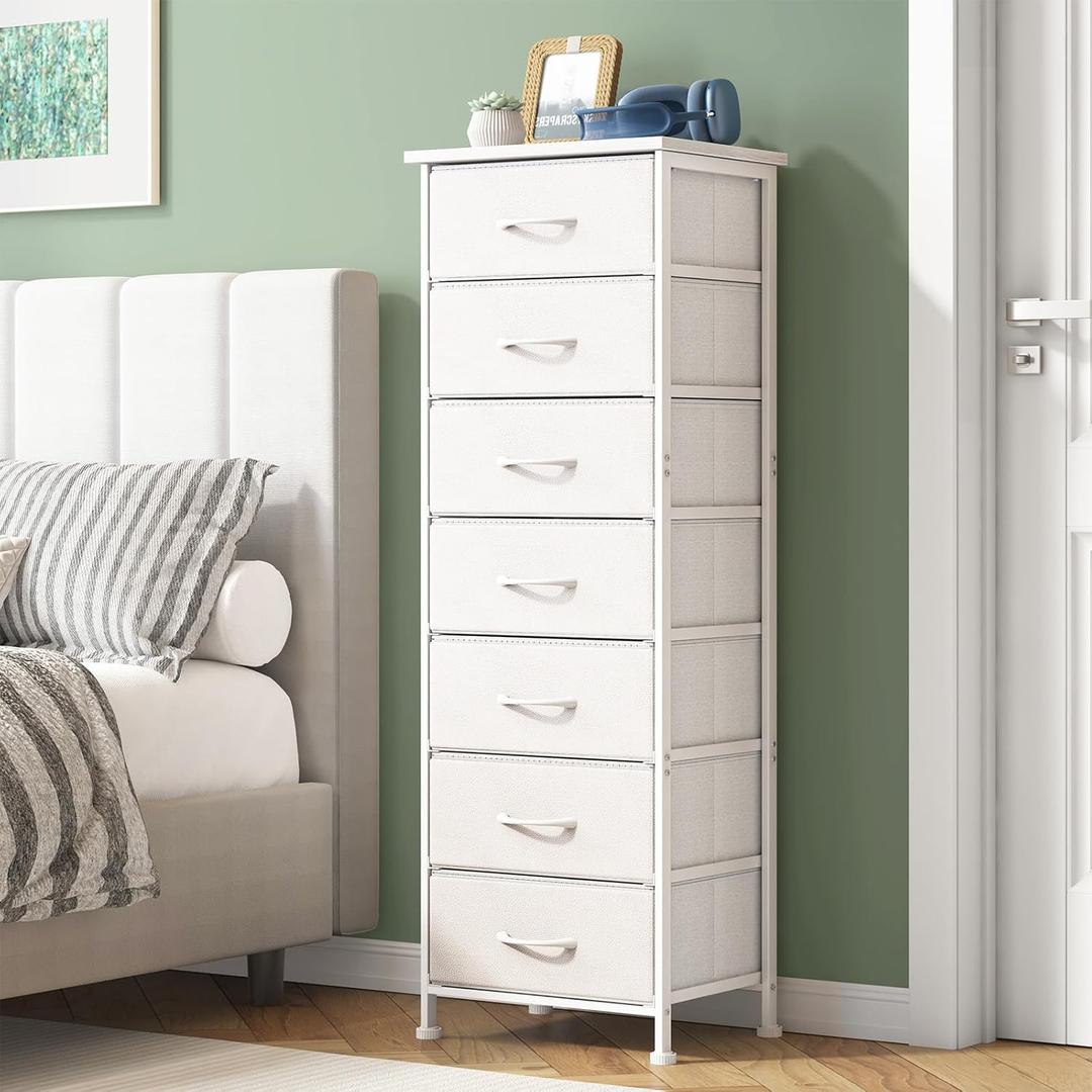 Fixwal Tall Narrow White Dresser for Bedroom, Storage Dresser Organizer with 7 Fabric Drawers, Nightstand Furniture in Closet, Entryway, Hallway