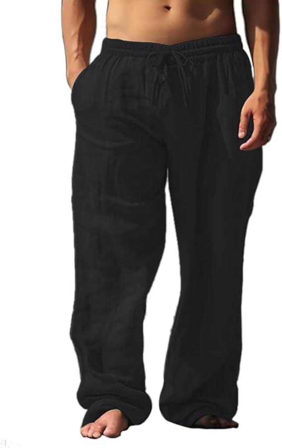 palglg Mens or Womens 100% Cotton Trousers with Elastic Waist & Out-Drawstring for Yoga Pants & Beach Wear.L