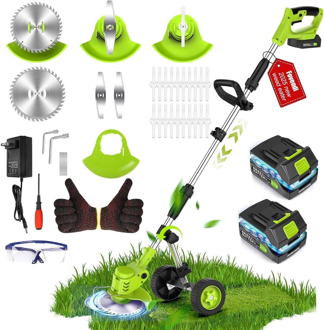 Electric Weed Wacker with Wheels,Electric Weed Eater, 650W High Power 8500 RPM,4000mAh Battery Powered Weed Eater, Multifunctional Grass Trimmer Lawn Tool,Green
