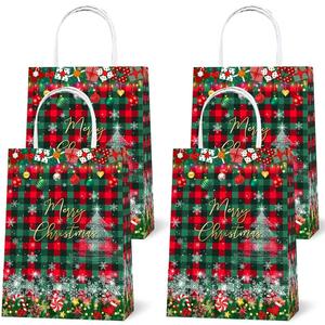 Lecheme 24 Pcs Christmas Gift Bags 6.3''x3.1''x12.6'' Red Green Buffalo Plaid Paper Bags with Handles Merry Christmas Party Favors for Holiday Gifts