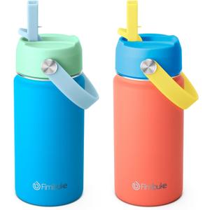 Fimibuke Kids Insulated Water Bottle, 14oz BPA FREE Double Wall Vacuum Tumbler 18/8 Stainless Steel Leak Proof Kids Cups with Straw Metal Water Bottle for School Boys Girls (2 Pack, Ocean Life)