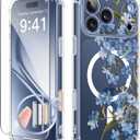 GVIEWIN for iPhone 17 Pro Case Compatible with MagSafe, with Screen Protector Upgraded [Full Camera Protection] [Non Yellowing] Floral Slim Shockproof Clear Women Phone Cover (Aconite/Blue)