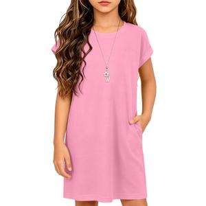 ZDC Girls Cap Sleeve Dresses Kids Spring Summer Casual Basic Crewneck Dress with Pockets 5-14 Years (Pink)