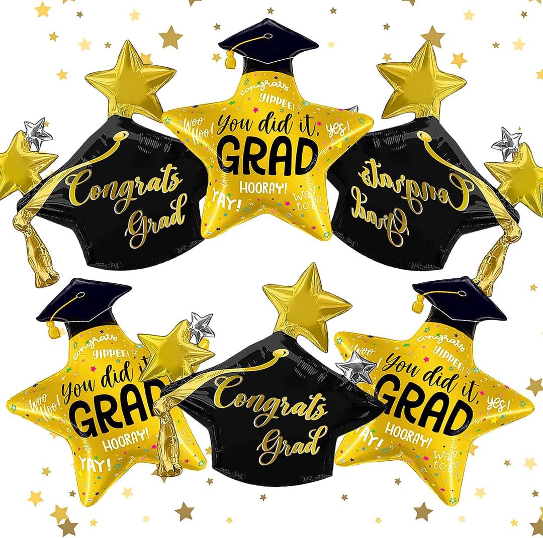 2 x 6Pcs Graduation Foil Balloons Include Black Grad Cap Balloon for Graduation Party Supplies, Grad Balloon Class of 2026, and College High School Graduations Party