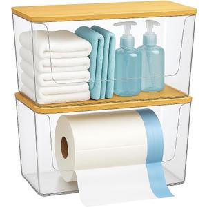 2 Pack Trash Bag Holder with Bamboo Lid - Stackable Under Sink Organizer & Garbage Bag Dispenser for Kitchen Organization - Large Plastic Holder for Laundry Room, Pantry, Bathroom, Cabinets