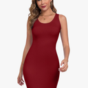 Qaffier Women's Mini Dress Summer Tank Dress Ribbed Crew Neck Sleeveless Basic Bodycon Mini Dresses, Size L, Red