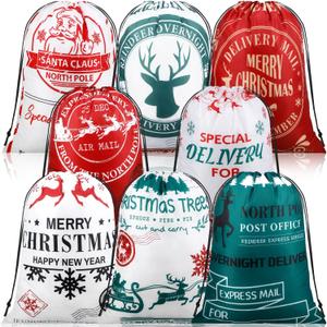 Abbylike 8 Pcs Large Christmas Santa Gift Bags 26 x 19 Inch Jumbo Sacks Christmas Drawstring Gift Bags Polyester Fabric Sacks for Event Xmas Party Supplies Favors (Red and White)