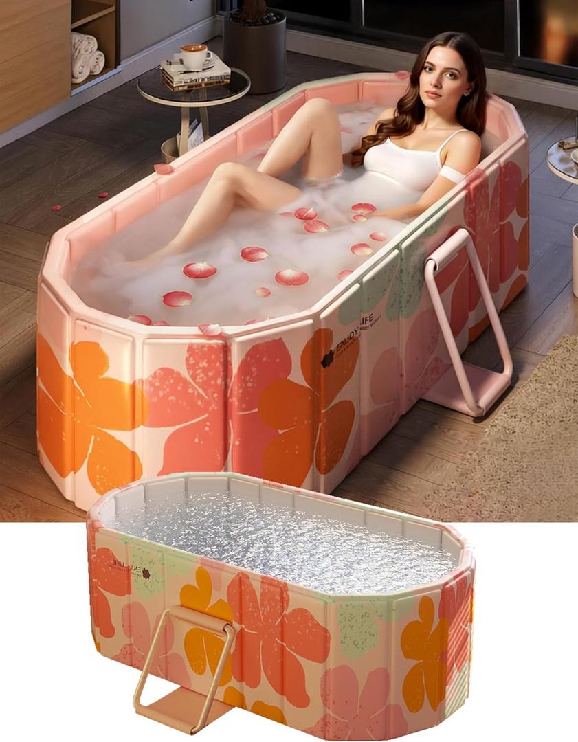 Portable Bathtub Ice Bath Tub - Foldable Collapsible Bathtub for Adult Shower Bathroom Hot SPA Soaking Cold Plunge Tub Freestanding Bathtub 47"Lx22"Wx20"H Pink