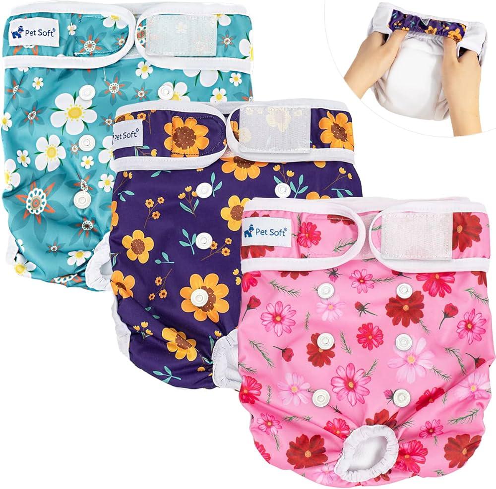Pet Soft Washable Female Diapers (3 Pack) Female Dog Diapers, Comfort Reusable Doggy Diaper for Girl Dog in Period Heat (Cute Flower, L)Amazon's Choice
