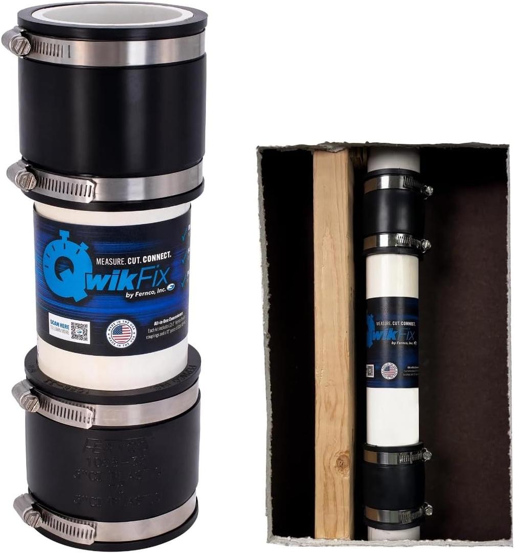Fernco QwikFix Broken Pipe 3" Coupling Repair Kit for Plastic, Cast Iron and Steel Pipes in Black