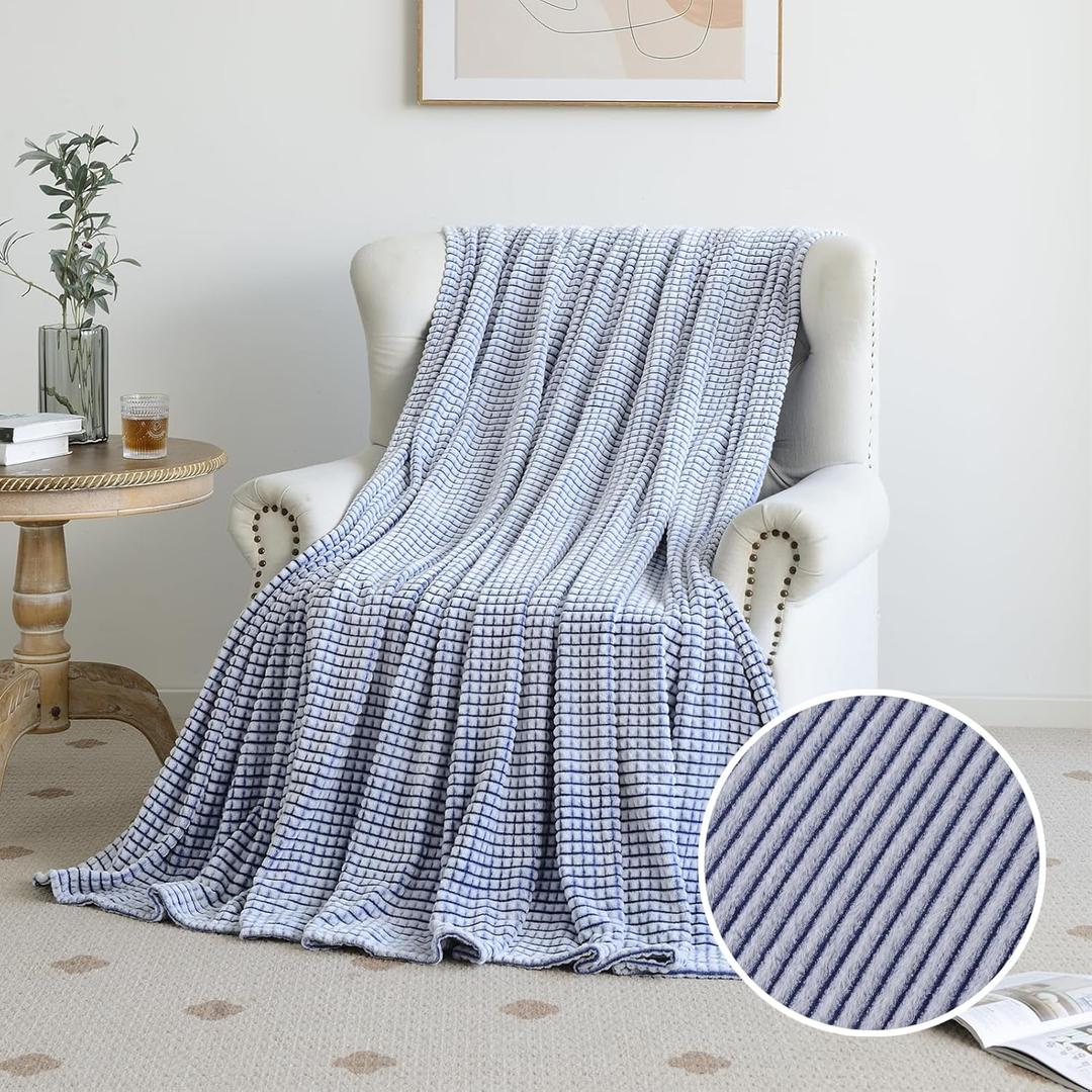 PLEASANT BOULEVARD | Fuzzy Throw Blanket Double-Sided Design Checkered Striped Waffe Lightweight Fleece Blankets for Bed and Couch Dcor  Cozy, Soft, Cute for Women, Twin (60" x 80") Navy (Twin (60" x 80"), Navy)