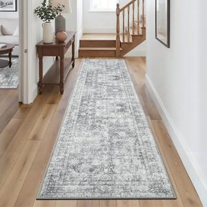 2x8 Washable Hallway Runner Rugs, Non-Slip Area Rug for Kitchen Entryway Indoor Laundry Room Decor, Bathroom Runner Rug Low Pile Vintage Carpet, Grey