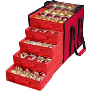 Lambada Christmas Ornament Storage Box, Visible Christmas Storage Container with Dual Zipper, 600D Oxford Fabric Xmas Decorations Organizer - Stores up to 100-3" Ornaments (Cherry Red)
