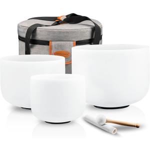 RYAN DVAN Crystal Singing Bowl Set of 3, 6" A Third Eye, 7" G Throat, 8" E Solar Plexus with Case Suede Striker & O-Ring Sound Therapy for Yoga, Reiki, Chakra Healing Energy Tuning & Mindfulness Kit