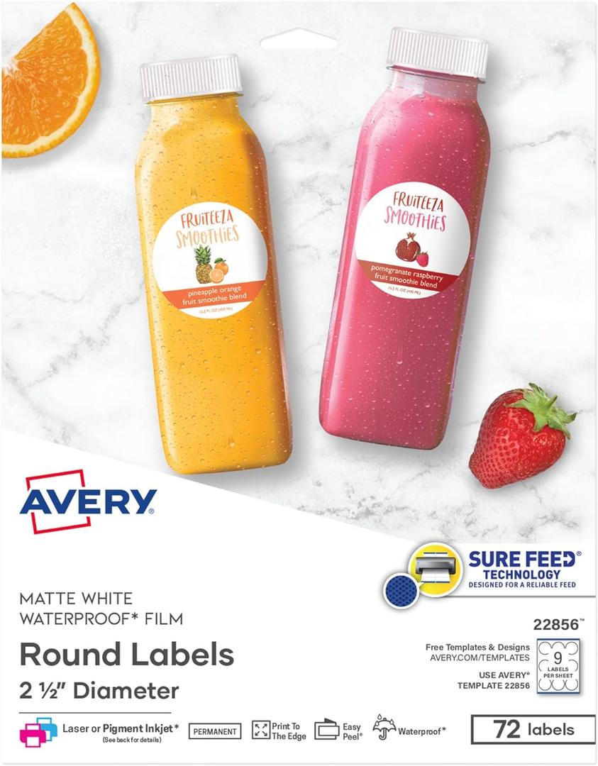 Avery Durable Waterproof Round Labels with Sure Feed Technology, 2.5" Diameter, White, Laser & Pigment-Inkjet Compatible, 72 Blank Labels Total, Great for Branding, Packaging, and More (22856)
