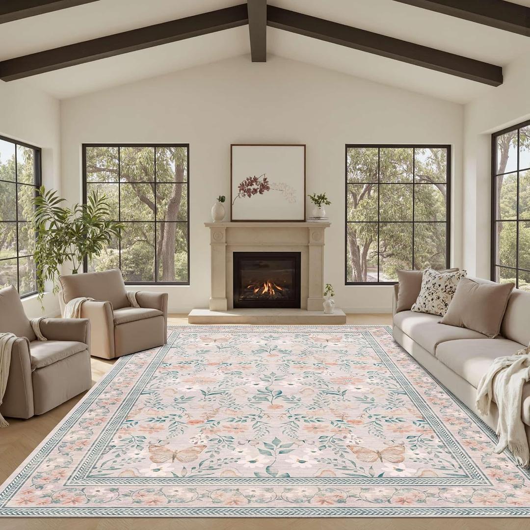 Rugxara 8x10 Pink Rugs for Bedroom Girls, Floral Washable Rug,Boho Area Rug, Large Non Slip Low Pile Flower Carpet for Indoor Dining Room,Girls Room,Nursery Room and Kids Room(Pink 8x10ft)