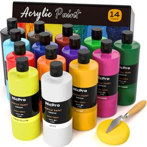 Nicpro 14 Colors Large Bulk Acrylic Paint Set (16.9 oz,500 ml) Rich Art Painting Supplies, Non Toxic for Multi Surface Rock Canvas Wood Ceramic Leather Fabric Craft for Adult with Color Wheel