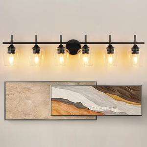 Bathroom Vanity Light, 6 Light Bathroom Light Fixture Over Mirror, Modern Matte Black Wall Lighting with Clear Glass Shade, Wall Lamp for Bathroom Bedroom Hallway