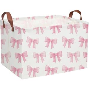 Sanjiaofeng Rectangular Kids Basket Pink Storage Bins,Girls Storage Baskets with Handles.Clothers,Toys,Books,Kid's Gifts Storage. (Pink Bowknot)