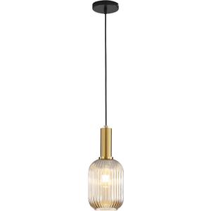 Modern Pendant Light Fixtures for Kitchen Island, Farmhouse Striped Glass Pendant Lighting with Gold Socket, Stylish Ceiling Light for Dining Room and Living Room (5.12'', Amber)