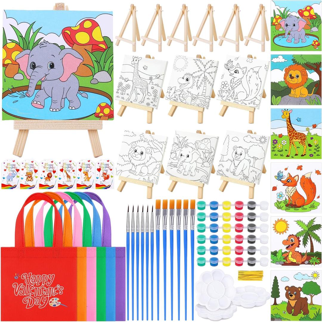 Fovths 6 Sets Valentine's Day Canvas for Painting Pre-Drawn Canvas Panel with Wooden Easel Painting Tools Cards Tote Bags Mini Paint Set Valentine School Class Gift Exchanges