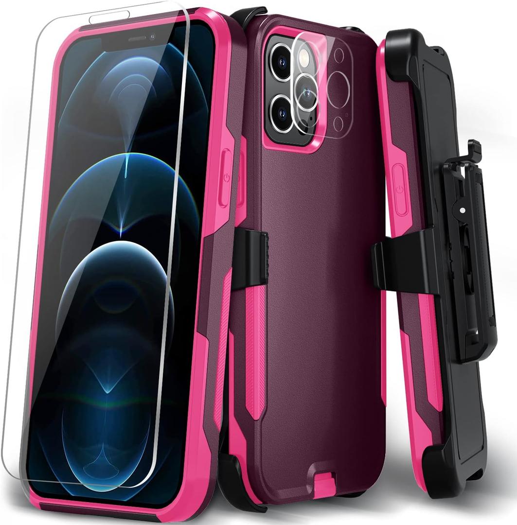 Xmon for iPhone 12 Pro Max Phone case, [Shockproof] [Belt Clip Kickstand] [Tempered Glass Screen Protector with Camera Lens Protector] Heavy Duty Cover for iPhone 12 Pro Max 6.7 inch (Rose)