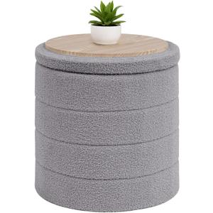 B FSOBEIIALEO Ottoman with Stroage, Round Sherpa Storage Ottoman Stool, Boucle Foot Rest 16.9"x16.9"x17.7"Grey
