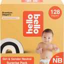 Hello Bello Newborn Premium Diapers, (Size NB - Up to 10 lbs) Surprise Pack for Girls - 128 Count, Hypoallergenic with Soft, Cloth-Like Feel - Assorted Girl & Gender Neutral Patterns