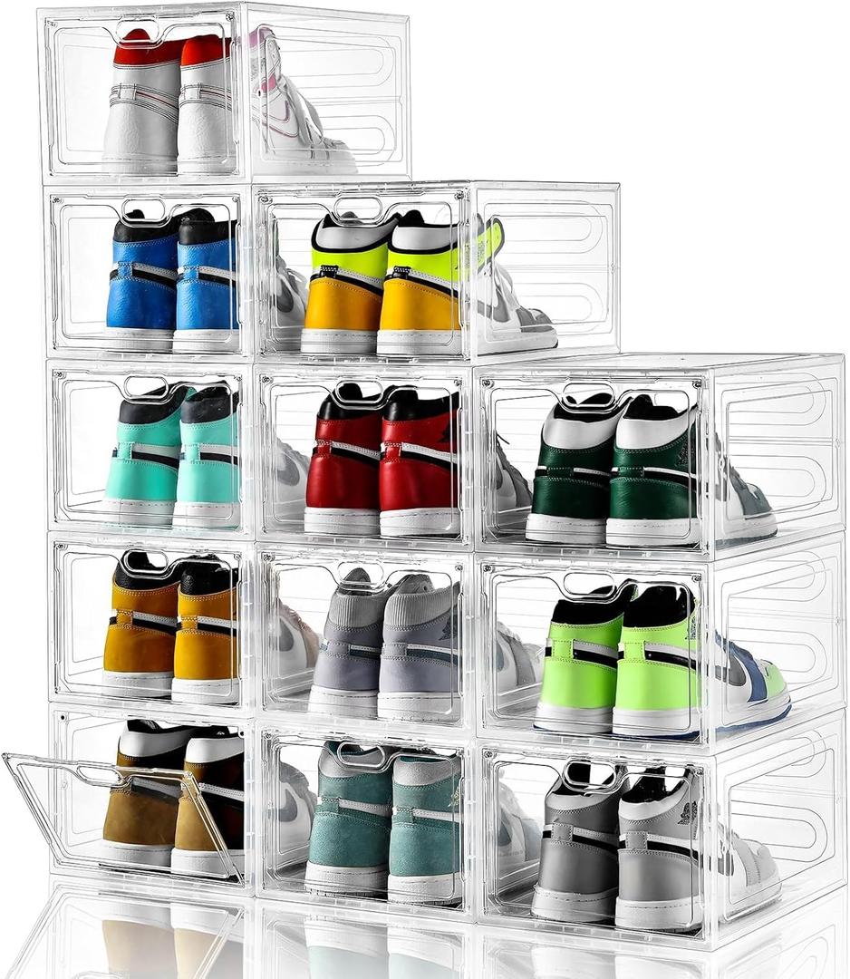 12 Pack Large Shoe Storage Box, Clear Shoe Storage Organizer with Magnetic Door, Stackable,Shoe Containers For Display Sneakers, Easy Assembly, Fit up to US Size 12, Clear