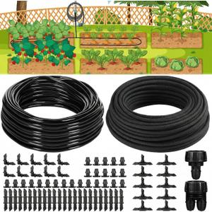 Drip Irrigation System Kit Garden Watering System 200ft 1/4 Inch Soaker Hose 100ft 1/4 Inch Drip Irrigation Tubing with Distribution Tubing and Accessories for Garden Greenhouse Patio Lawn