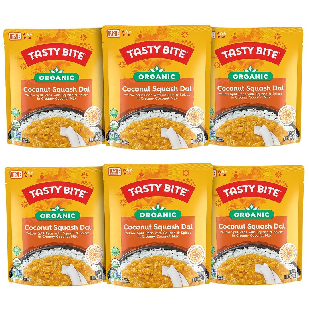 Tasty Bite Organic Coconut Squash Dal, 10 Ounce, Pack of 6, Ready to Eat, Microwavable Entree, Vegan (EXP 01/31/27)
