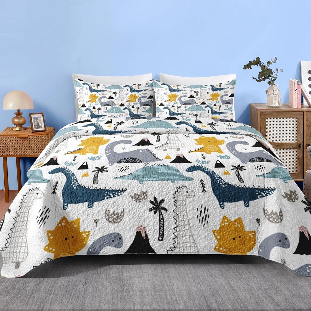 Pamnest Quilt Set Full/Queen Size, Cute Dinosaur 3 Pcs Soft Bed Cover Bedding Set for Kids and Adults, Blue Grey Yellow Dino Lightweight Bedspread Coverlet with Pillow Sham for All Season