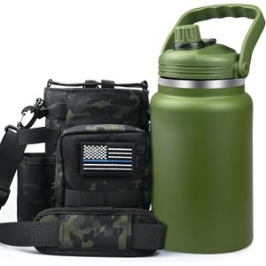 1 Gallon Water Bottle with Military Style Bottle Holder Bag Insulated Stainless Steel Water Jug for Men (Army Green)