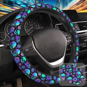 Neon Skull and Flower Steering Wheel Cover with 2 Pcs Car Coasters Neoprene Steering Wheel Cover for Women Men Anti-Slip Breathable Car Accessories Universal 15 Inch Fit Auto Cars Trucks
