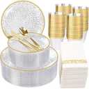 Rubtlamp 350 Pcs Clear Gold Plastic Plates, Hammered Disposable Dinnerware, Clear-Gold Plates Set Include 100 Plastic Platos, 150 Gold Disposable Silverware, 50 Cups And 50 Napkins for Party