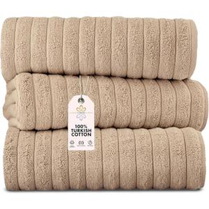 Classic Turkish Towels CTT - Luxury 3 Piece Jumbo Bath Sheets, 100% Turkish Cotton, Absorbent & Ultra Comfy Bath Towel Sheets for Hotels & Spa | 40"x65" (Almond Beige)