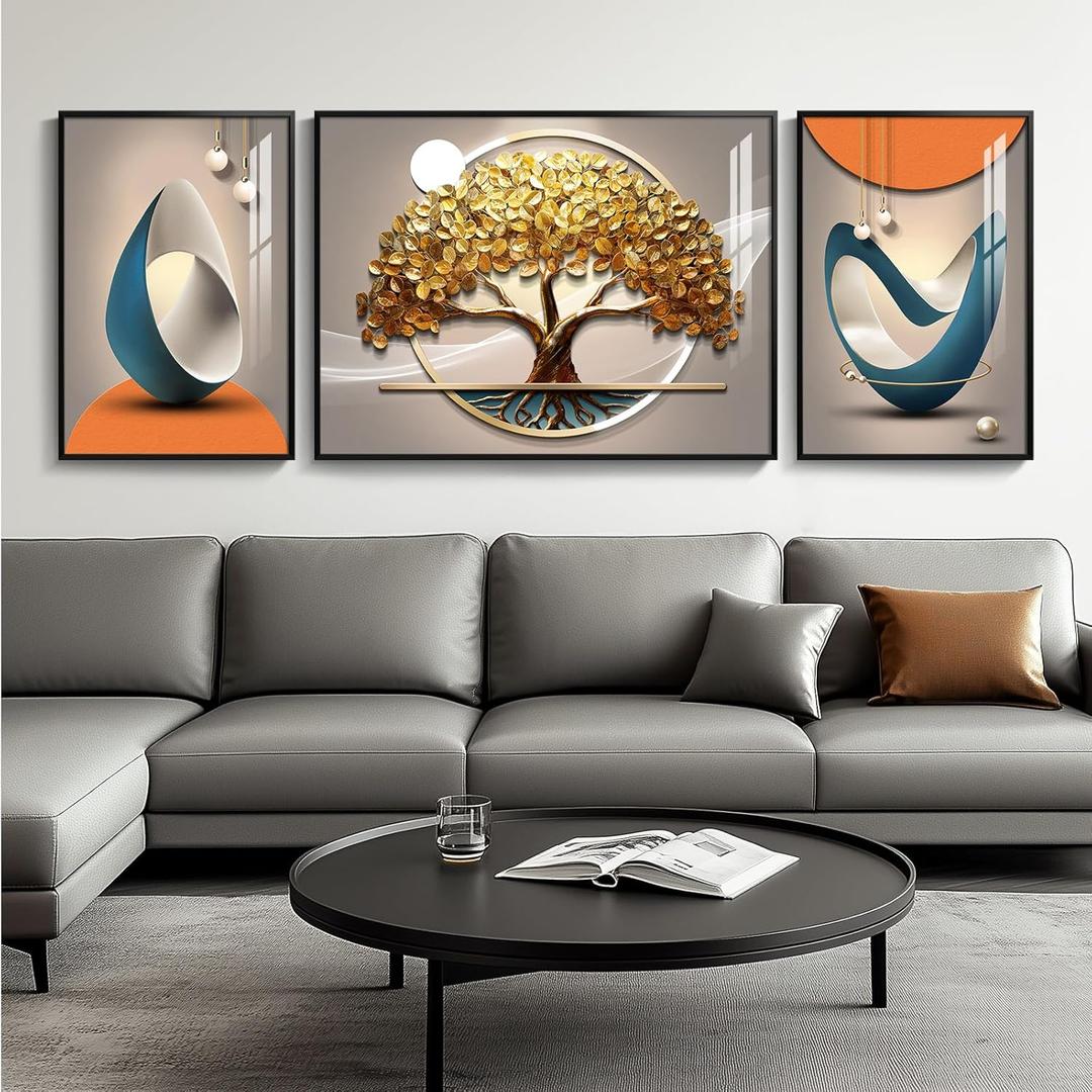 Cuspin Modern Luxury Large Wall Art Set of 3 Bright Style Abstract Paintings, Glossy Art Prints for Living Room, Hallway, Dining Room, Office (Golden Tree - Large)