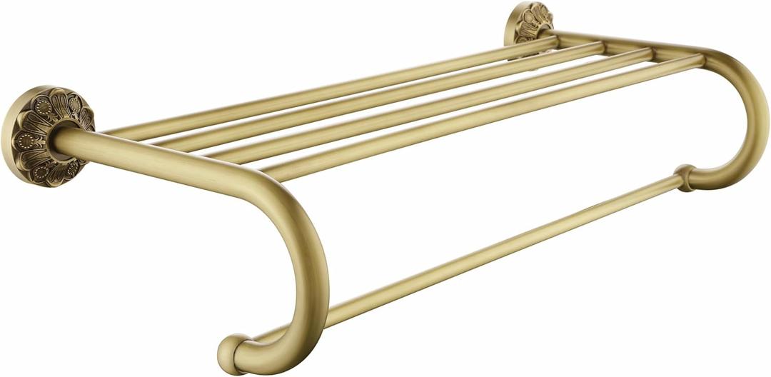 Antique Brass Towel Rack Wall Mount, 24 inch Bath Towel Bar with Shelf, Vintage Gold Decorative Bathroom Accessories, Brass Petal-Relief Series
