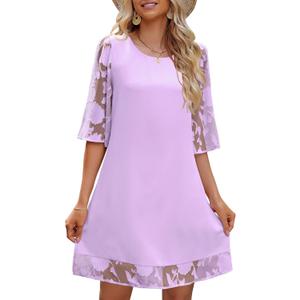 LookbookStore 3/4 Sleeve Dress for Women Shift Cute Summer Tunic Floral Lace Dresses (Purple, S)