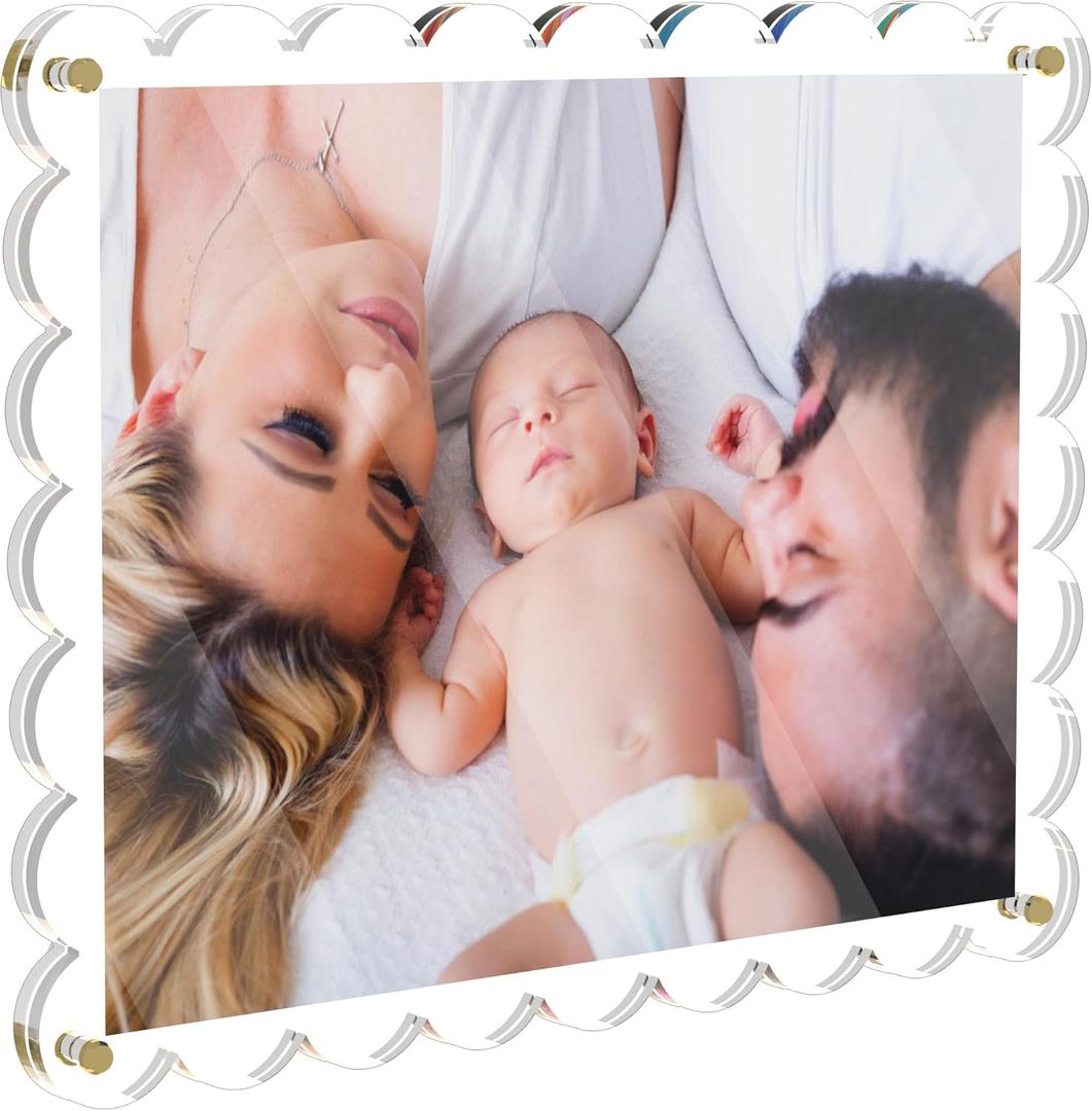 11X14 Acrylic Picture Frame for Wall, Frameless Clear Photo Frame with Scalloped Edge, No Drill Floating Frame for Diploma Certificate Degree Document & Poster/Painting/Artworks Display (1 Pack, Scalloped edge) (Gold Screw)