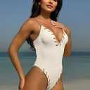 WODECASA Women's V Neck High Cut One Piece Swimsuit Ribbed Criss Cross Tie Back Bathing Suit Monokini (Beige, L)