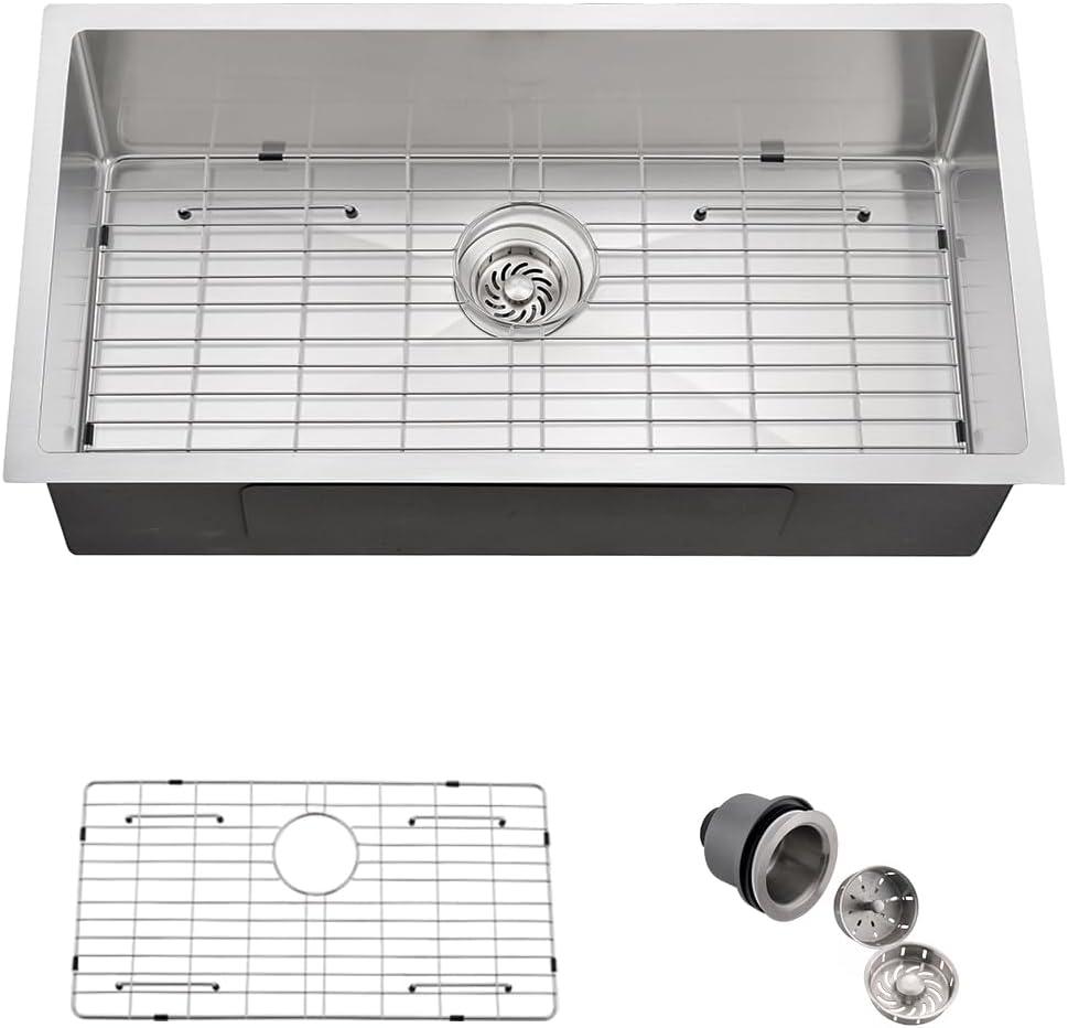 32 Stainless Steel Undermount Kitchen Sink, Dorzom 32" x 17" x 9" Stainless Steel Single Bowl 18 Gauge Under Mount Kitchen Sink