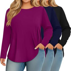 Ficerd 3 Pack Womens Plus Size Long Sleeve Tops Crew Neck Loose Fit T Shirt Stretchy Casual Winter Tops Basic Tees Shirts (Black, Navy Blue, Fuchsia, Size 3XL)