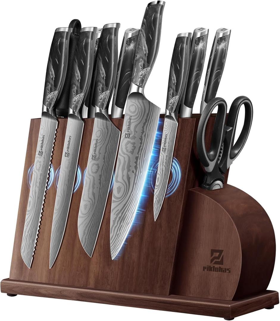 Knife Set for Kitchen 14 Pieces with Magnetic Block, German Razor Sharp High Carbon Stainless Steel Damascus Pattern, Full Tang Ergonomic Handle, Black Flowing Cloud Design (Black-14 Piece)